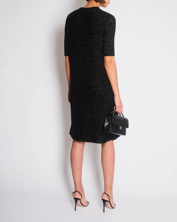 Chanel Black Short Sleeve Waffle Midi Dress with Weaved Gold Detail Size FR 42 (UK 14)