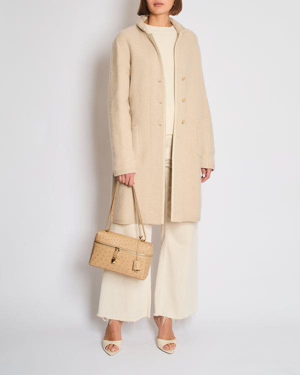 Loro Piana Beige Knitted Cashmere Long-Line Cardigan with Suede Trim Detail Size IT 44 (UK 12)