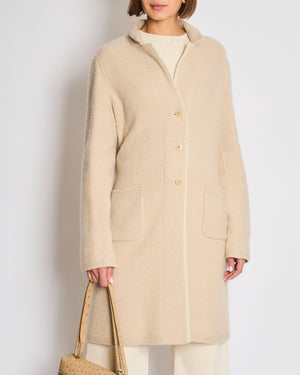 Loro Piana Beige Knitted Cashmere Long-Line Cardigan with Suede Trim Detail Size IT 44 (UK 12)