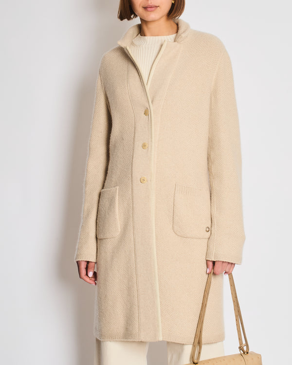 Loro Piana Beige Knitted Cashmere Long-Line Cardigan with Suede Trim Detail Size IT 44 (UK 12)