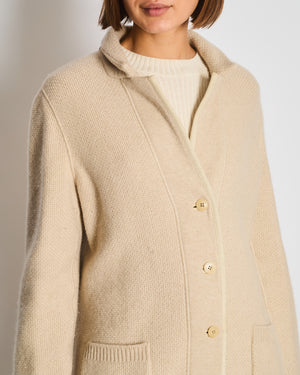 Loro Piana Beige Knitted Cashmere Long-Line Cardigan with Suede Trim Detail Size IT 44 (UK 12)
