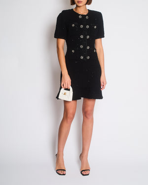 Self-Portrait Black Short Sleeve Tweed Midi Dress with Embellished Button Detail Size M (UK 12/14)
