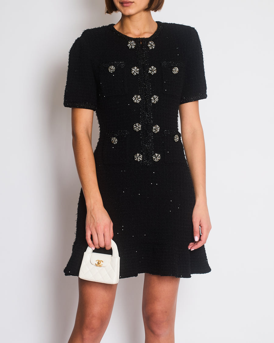 Self-Portrait Black Short Sleeve Tweed Midi Dress with Embellished Button Detail Size M (UK 12/14)
