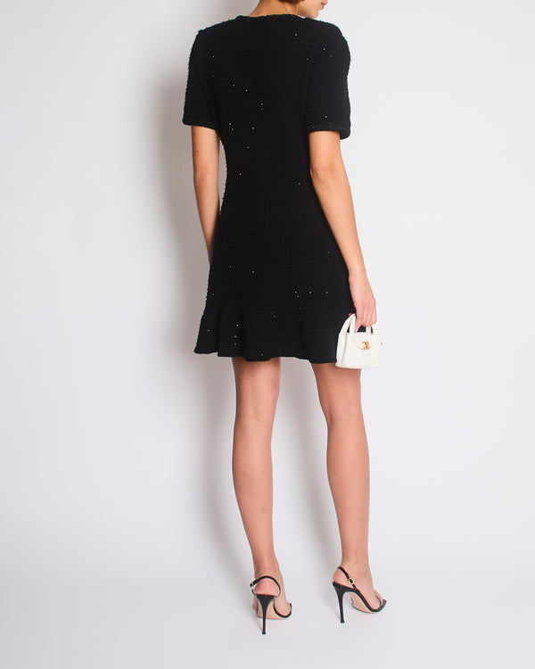 Self-Portrait Black Short Sleeve Tweed Midi Dress with Embellished Button Detail Size M (UK 12/14)