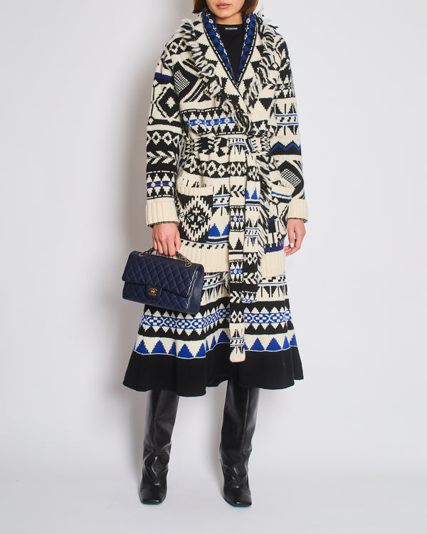 Polo Ralph Lauren White, Blue, and Black Wool-Blend Belted Cardigan with Fringe Trim Detail Size M (UK 10) RRP £795