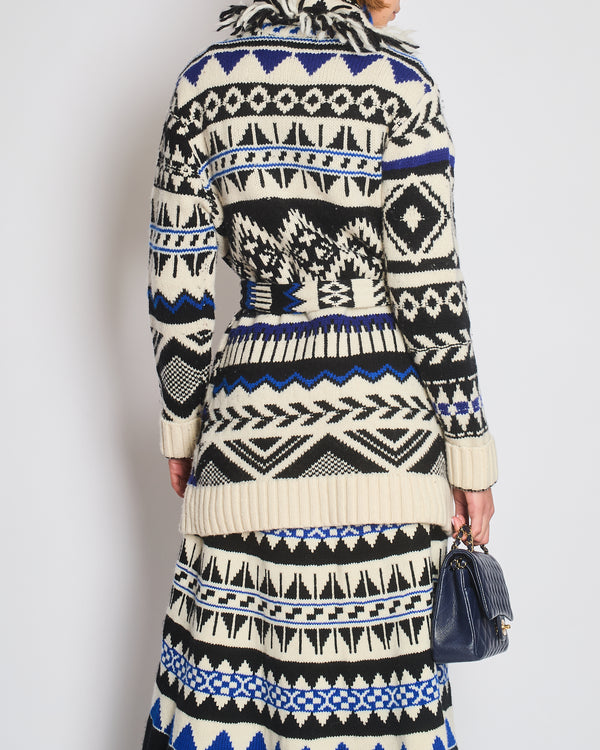 Polo Ralph Lauren White, Blue, and Black Wool-Blend Belted Cardigan with Fringe Trim Detail Size M (UK 10) RRP £795