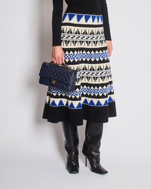 Polo Ralph Lauren White, Blue, and Black Wool and Cashmere Intarsia Knit Midi Skirt Size L (UK 12) RRP 495£