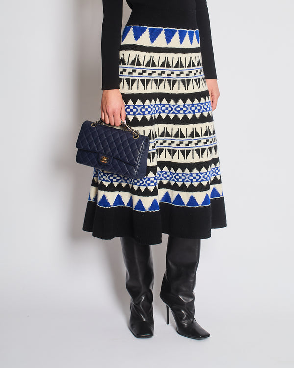Polo Ralph Lauren White, Blue, and Black Wool and Cashmere Intarsia Knit Midi Skirt Size L (UK 12) RRP 495£