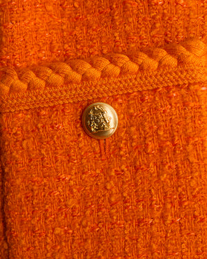 Celine Orange Tweed Round Neck Jacket with Logo Button Detail Size FR 38 (UK 10)