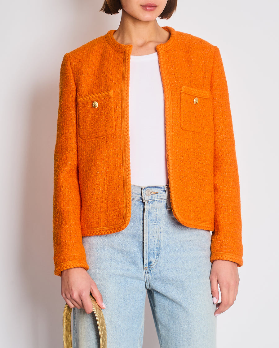 Celine Orange Tweed Round Neck Jacket with Logo Button Detail Size FR 38 (UK 10)