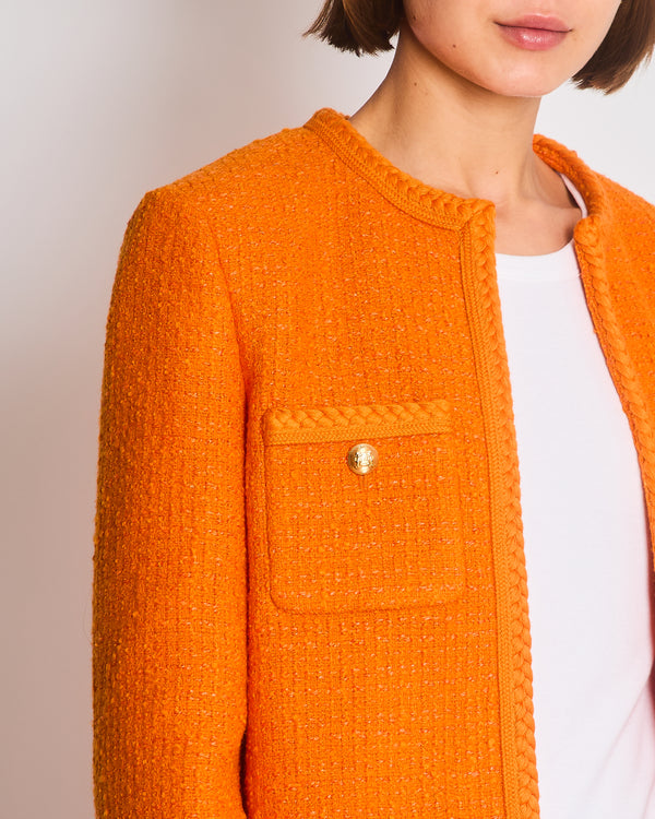 Celine Orange Tweed Round Neck Jacket with Logo Button Detail Size FR 38 (UK 10)