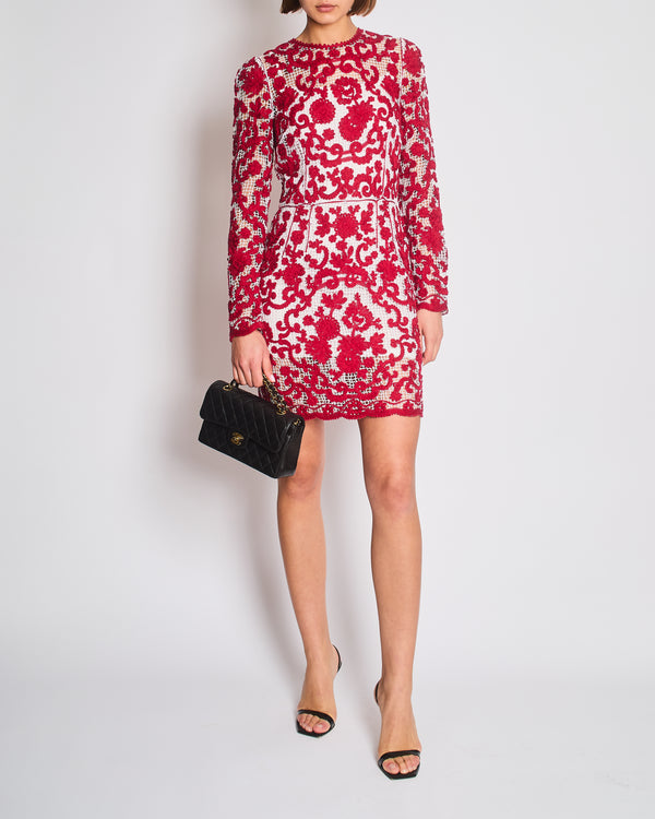 Dolce & Gabbana Red and White Crochet Long Sleeved Mini Dress Size IT 42 (UK 10)