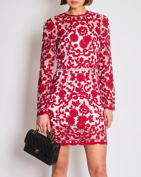 Dolce & Gabbana Red and White Crochet Long Sleeved Mini Dress Size IT 42 (UK 10)