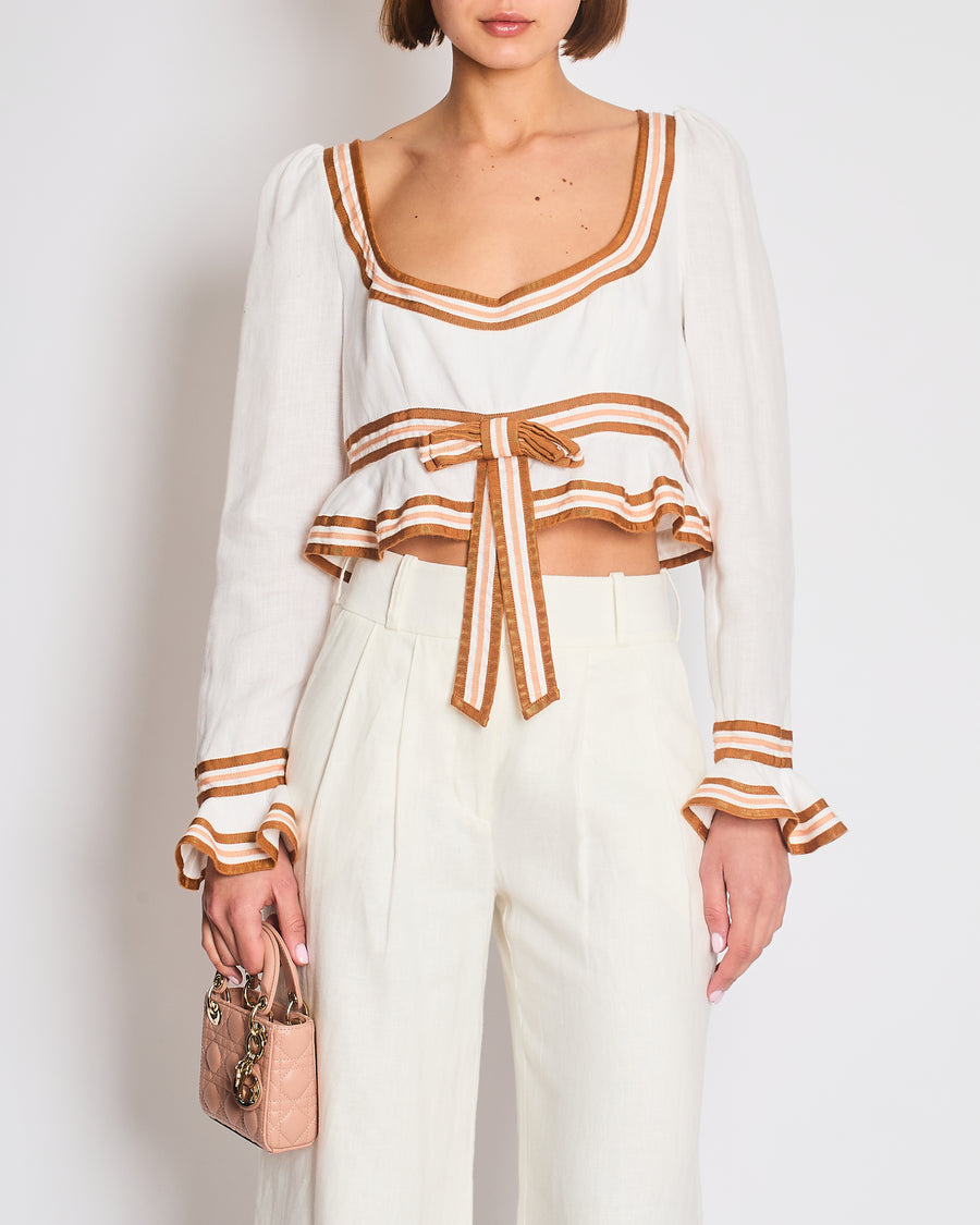 Zimmermann White Linen Crop Top with Ruffled Sleeves and Brown Trims with Bow Detail Size 2 (UK 12)