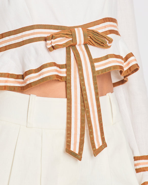 Zimmermann White Linen Crop Top with Ruffled Sleeves and Brown Trims with Bow Detail Size 2 (UK 12)