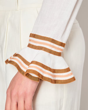 Zimmermann White Linen Crop Top with Ruffled Sleeves and Brown Trims with Bow Detail Size 2 (UK 12)