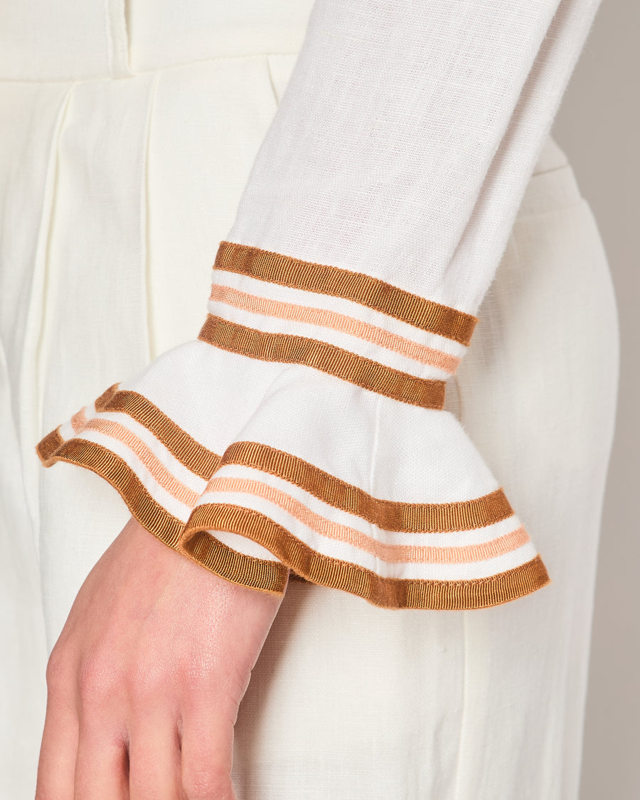 Zimmermann White Linen Crop Top with Ruffled Sleeves and Brown Trims with Bow Detail Size 2 (UK 12)