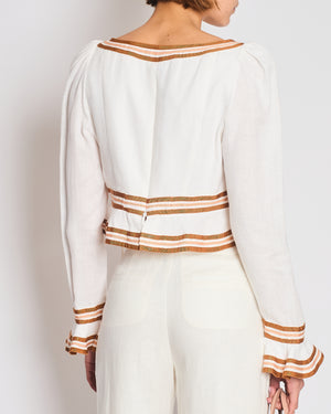 Zimmermann White Linen Crop Top with Ruffled Sleeves and Brown Trims with Bow Detail Size 2 (UK 12)