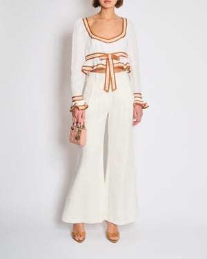 Zimmermann White Linen Crop Top with Ruffled Sleeves and Brown Trims with Bow Detail Size 2 (UK 12)