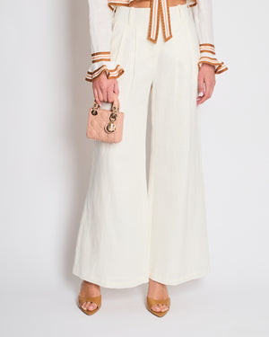 Zimmermann White Linen Crop Top with Ruffled Sleeves and Brown Trims with Bow Detail Size 2 (UK 12)