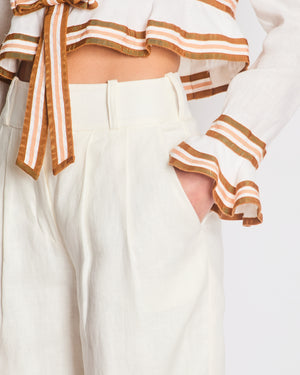 Zimmermann White Linen Crop Top with Ruffled Sleeves and Brown Trims with Bow Detail Size 2 (UK 12)