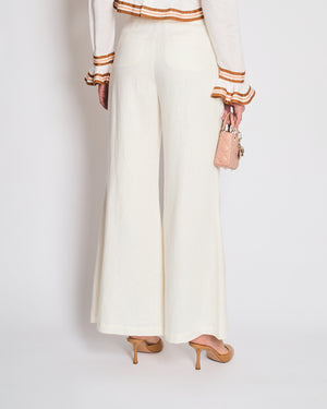Zimmermann White Linen Crop Top with Ruffled Sleeves and Brown Trims with Bow Detail Size 2 (UK 12)