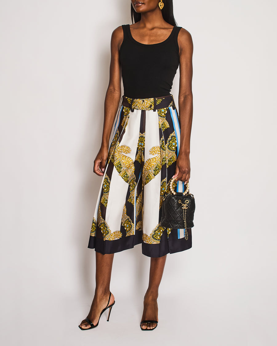 Hermès Brown, Blue, White, and Yellow Baroque Print Striped Belted Wide Leg Culottes Size FR 36 (UK 8)
