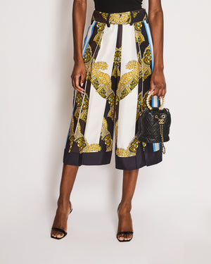 Hermès Brown, Blue, White, and Yellow Baroque Print Striped Belted Wide Leg Culottes Size FR 36 (UK 8)