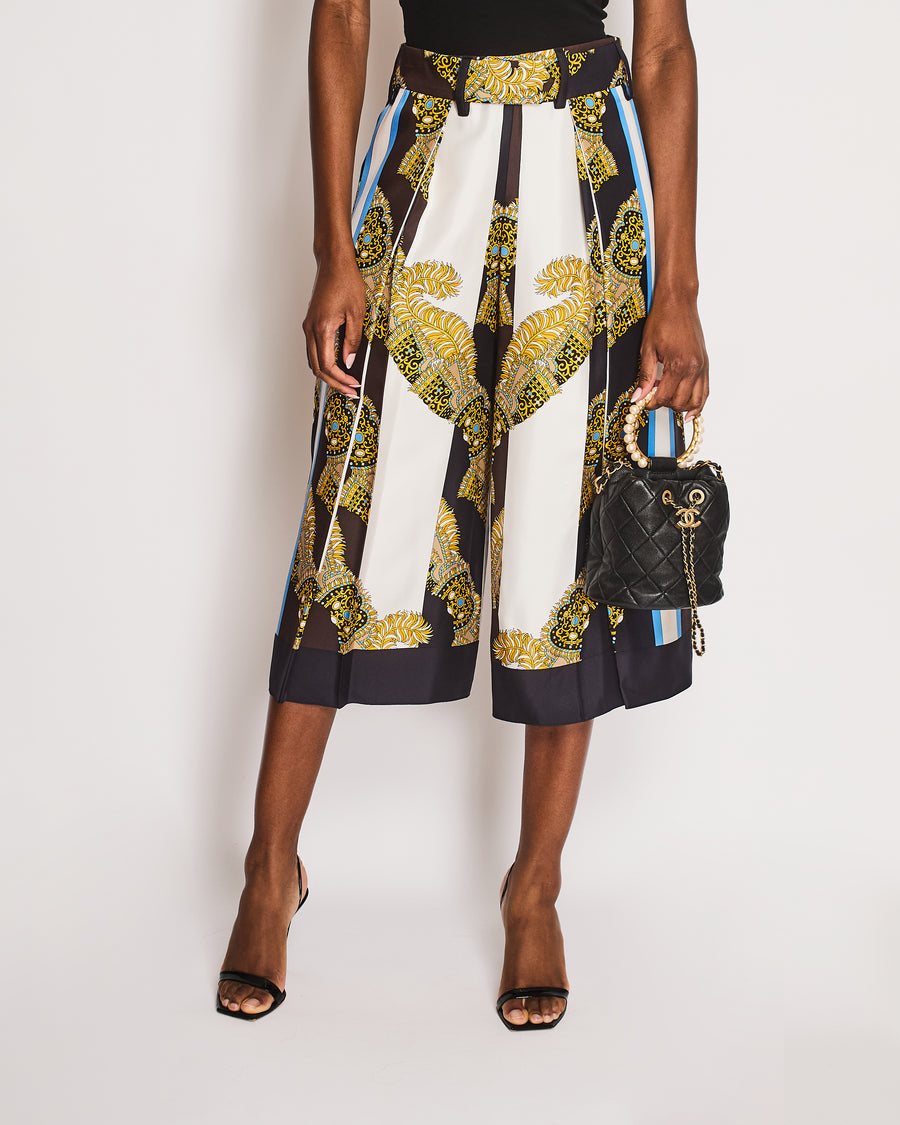 Hermès Brown, Blue, White, and Yellow Baroque Print Striped Belted Wide Leg Culottes Size FR 36 (UK 8)
