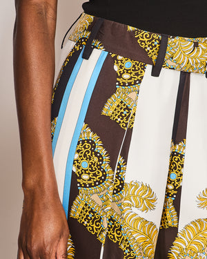 Hermès Brown, Blue, White, and Yellow Baroque Print Striped Belted Wide Leg Culottes Size FR 36 (UK 8)