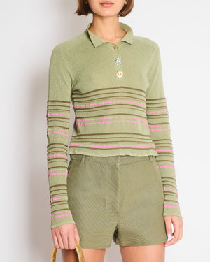 Jacquemus Green Striped Cropped Long Sleeve Polo with Soleil Button Detail Size FR 38 (UK 10)