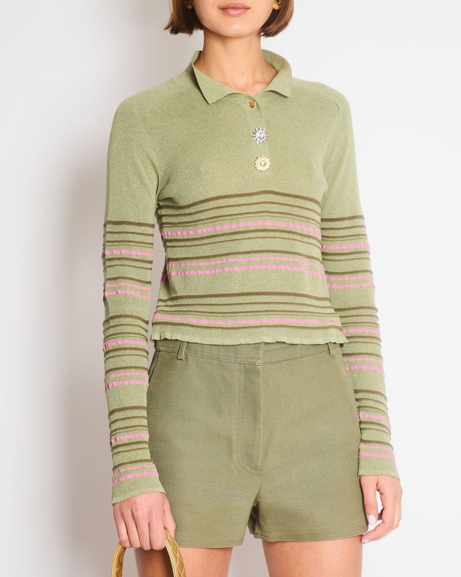Jacquemus Green Striped Cropped Long Sleeve Polo with Soleil Button Detail Size FR 38 (UK 10)