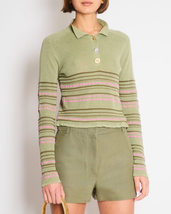 Jacquemus Green Striped Cropped Long Sleeve Polo with Soleil Button Detail Size FR 38 (UK 10)