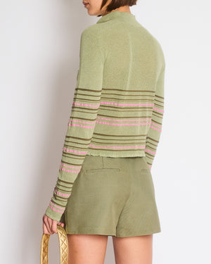 Jacquemus Green Striped Cropped Long Sleeve Polo with Soleil Button Detail Size FR 38 (UK 10)