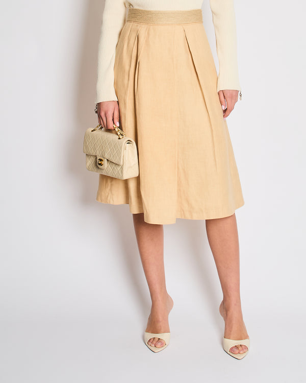 Hermès Beige Linen Midi Skirt with Braided Waist Detail Size FR 38 (UK 10)