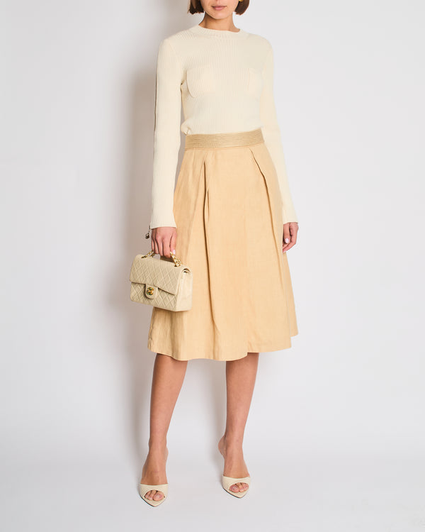 Hermès Beige Linen Midi Skirt with Braided Waist Detail Size FR 38 (UK 10)