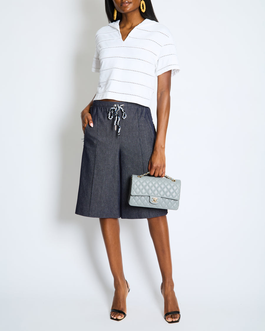 Chanel Resort 2025 Navy Bermuda Shorts with Beaded String Detail and Crocheted Side Strips Size FR 36 (UK 8)