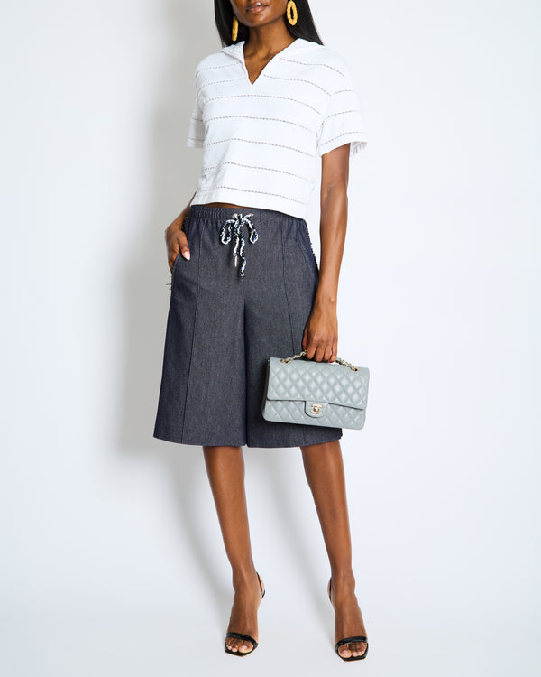 Chanel Resort 2025 Navy Bermuda Shorts with Beaded String Detail and Crocheted Side Strips Size FR 36 (UK 8)