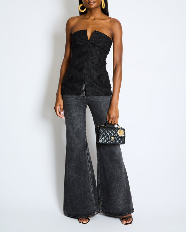 Chanel Black Shimmery Sleeveless Tweed Bustier Top with Silver CC Logo Button Size FR 34 (UK 6)