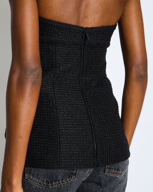 Chanel Black Shimmery Sleeveless Tweed Bustier Top with Silver CC Logo Button Size FR 34 (UK 6)