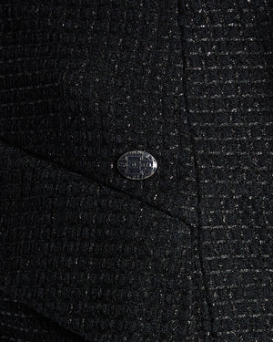 Chanel Black Shimmery Sleeveless Tweed Bustier Top with Silver CC Logo Button Size FR 34 (UK 6)