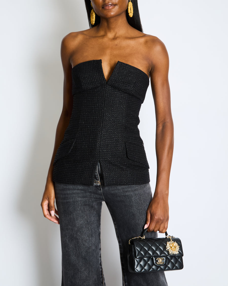 Chanel Black Shimmery Sleeveless Tweed Bustier Top with Silver CC Logo Button Size FR 34 (UK 6)