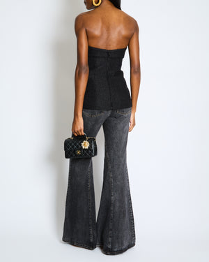 Chanel Black Shimmery Sleeveless Tweed Bustier Top with Silver CC Logo Button Size FR 34 (UK 6)