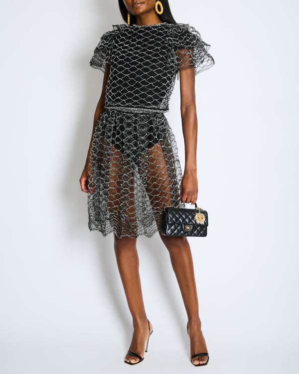 Chanel Spring 2018 Black and Pearl Metallic Caged Top and Skirt Set Size FR 34 (UK 6)