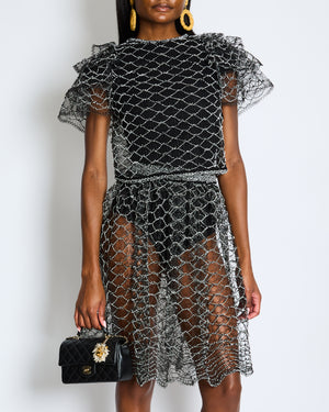 Chanel Spring 2018 Black and Pearl Metallic Caged Top and Skirt Set Size FR 34 (UK 6)