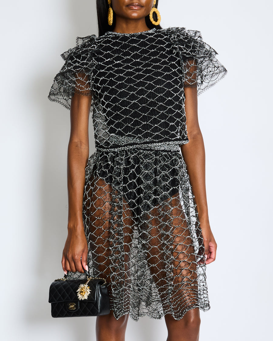 Chanel Spring 2018 Black and Pearl Metallic Caged Top and Skirt Set Size FR 34 (UK 6)