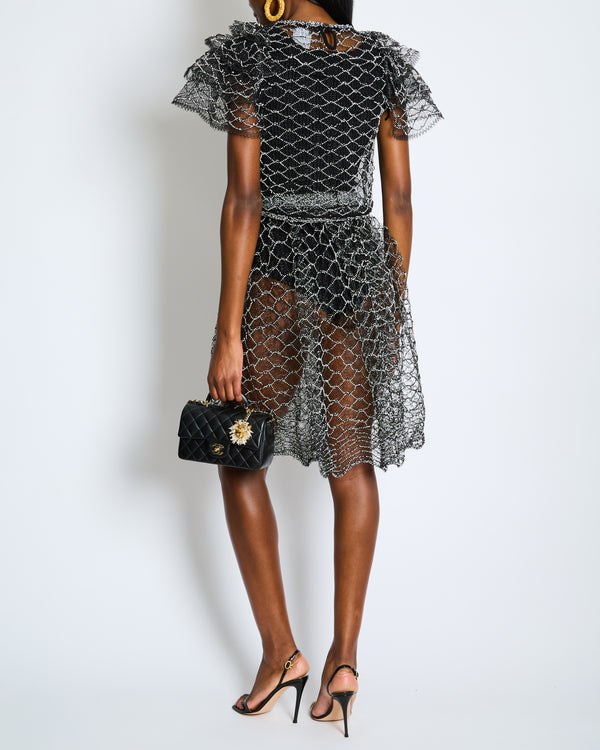 Chanel Spring 2018 Black and Pearl Metallic Caged Top and Skirt Set Size FR 34 (UK 6)