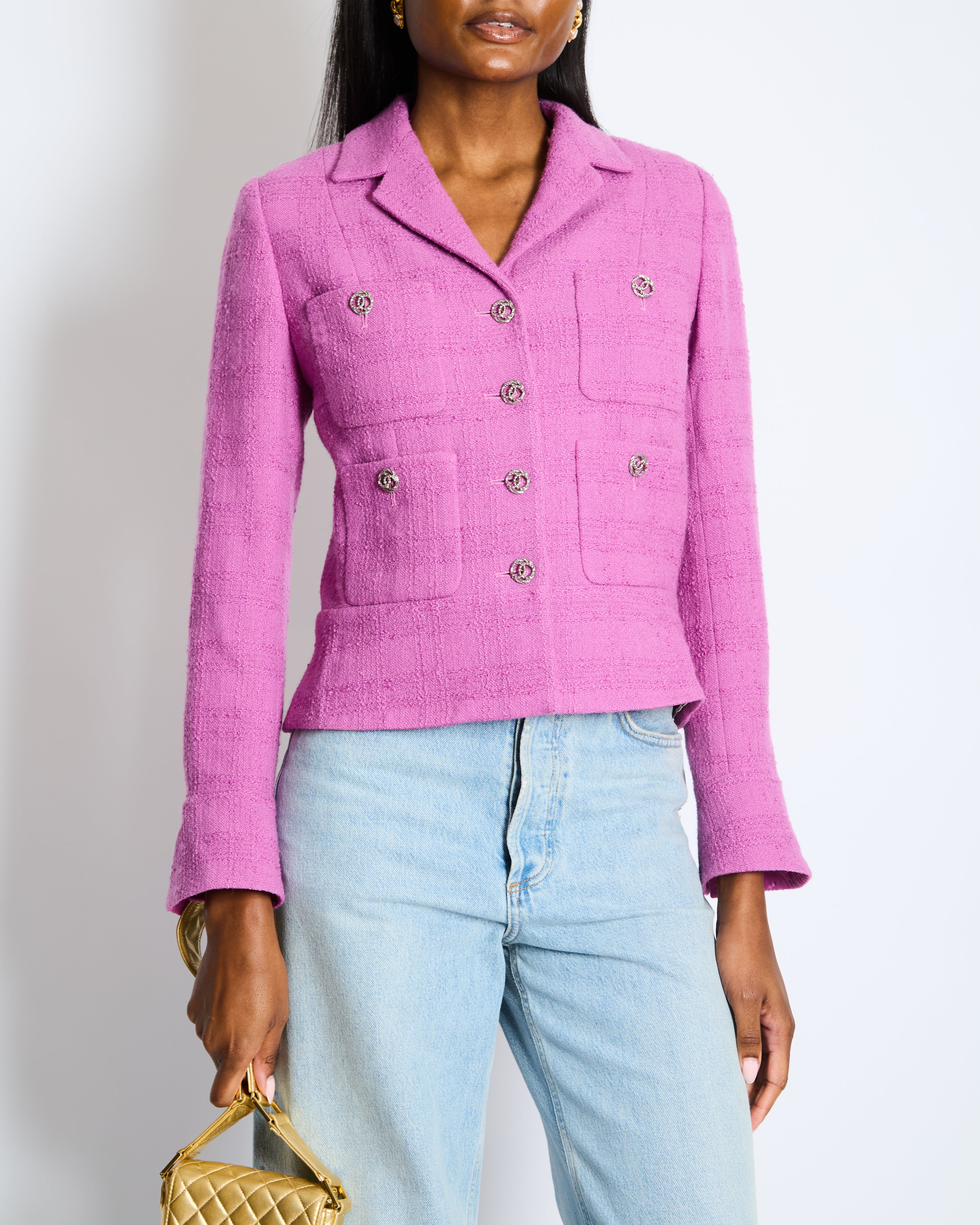 Chanel FW/23 Purple Wool Tweed Jacket with Silver CC Logo Buttons