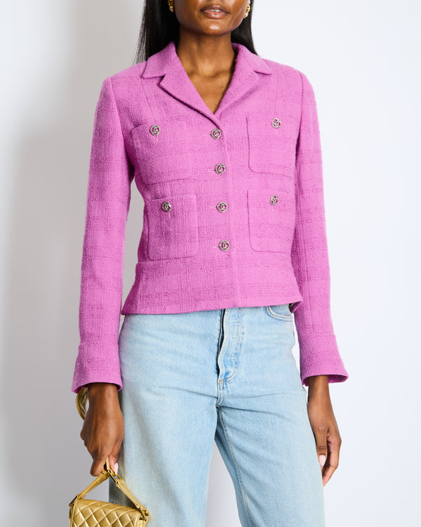Chanel Purple Wool Tweed Jacket with Silver CC Logo Buttons Size FR 36 (UK 8)