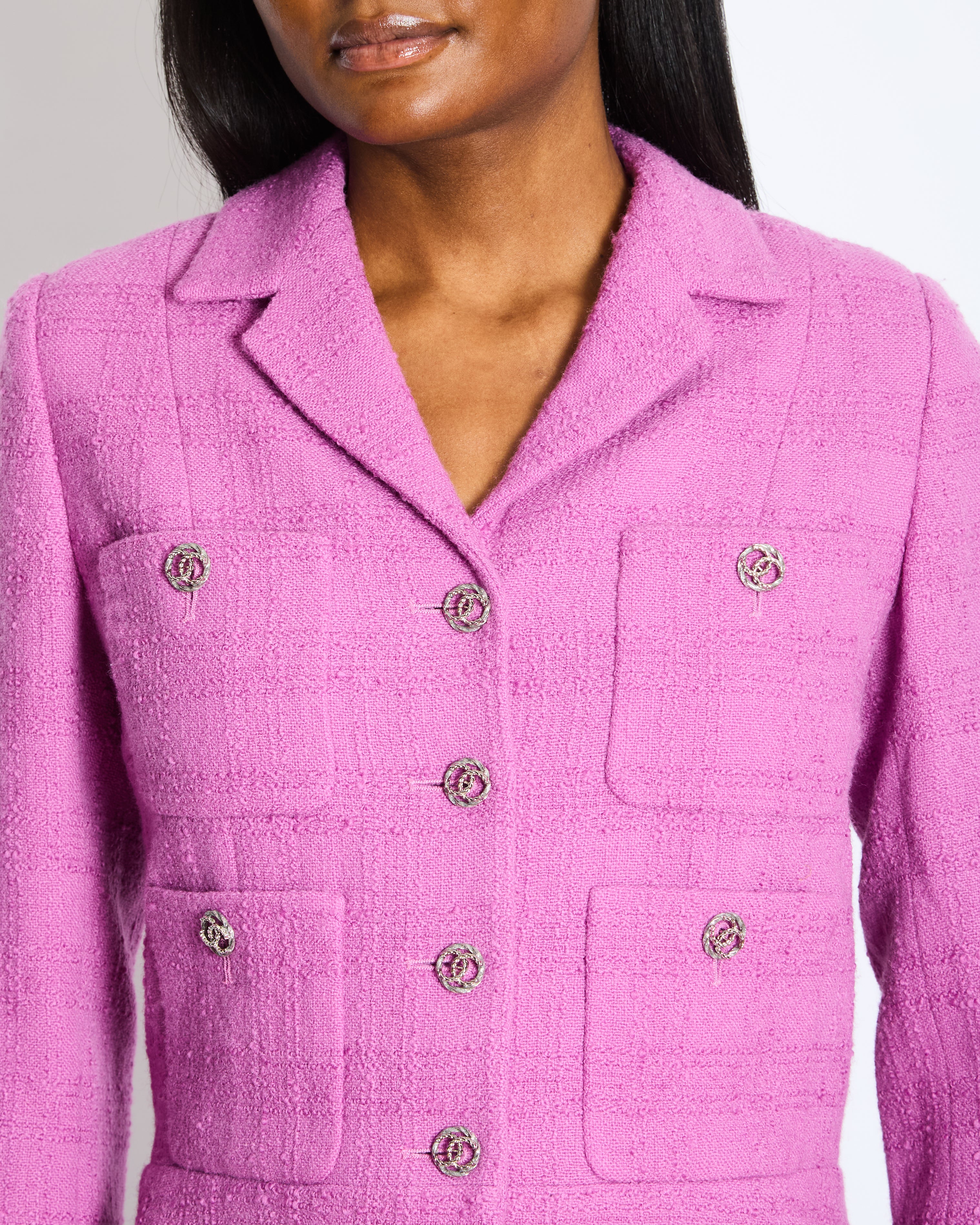 Chanel FW/23 Purple Wool Tweed Jacket with Silver CC Logo Buttons